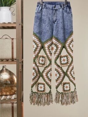 Granny Square Crochet, High-Rise Boho Jeans in brown and Green